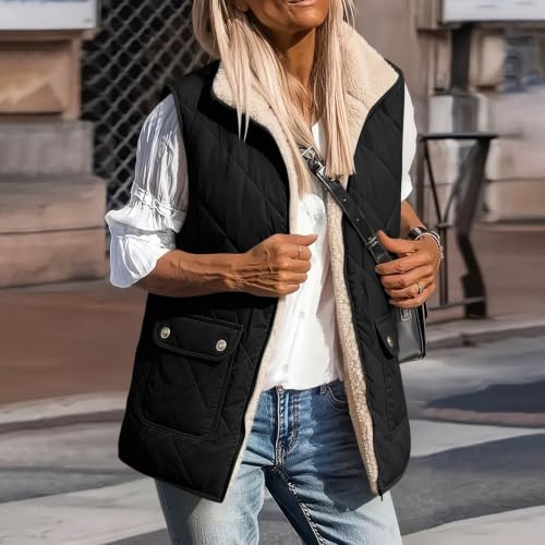 Womens Sherpa Lined Vest Lapel Collar Full Zip Diamond Quilted Jacket - image 2