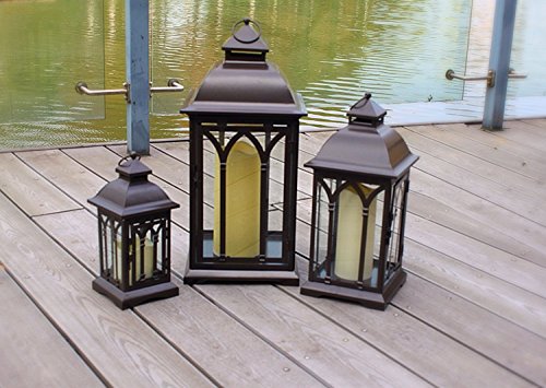 Pebble Lane Living Indoor/Outdoor Lombard Candle Lanterns, Powder Coated Steel Frame & Tempered Glass Panes, Brown, Assorted Set of 3