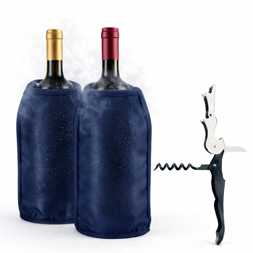 Pack 2 Enfriadores de Botellas de Vino + Sacacorchos Camarero | Funda Enfriadora con Gel Refrigerante Interior | Manga Enfriadora para Vino, Cava y Champagne | 15,5x22,5 cm (negro) — view 10