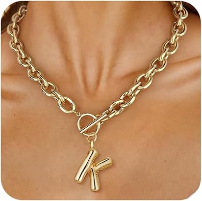 Ritach Chunky Golden Letter Necklace for Women 14K Golden Plated Initial Puffy Thick Link Cross Necklace for Gifts