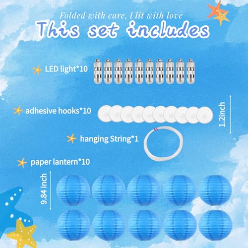 Image of Blue Chinese Paper Lanterns with LED Lights, 10-Pack 10inch | Hanging Lights for Baby Boy Shower, Beach Party, Birthday Decorations, Ceiling Decor & Home Party