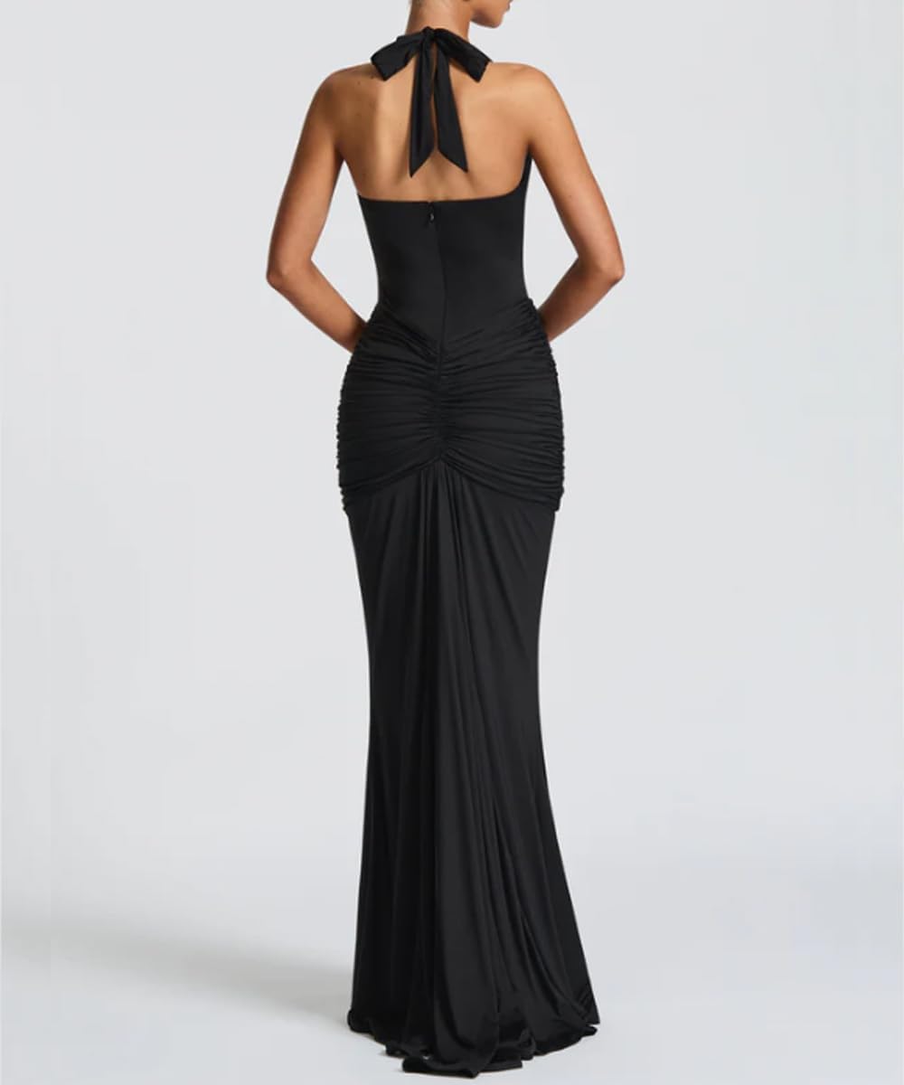 Women's Sexy Deep V-Neck Maxi Dress Sleeveless Halter Ruched Bodycon Formal Cocktail Party Evening Dresses - Image 4