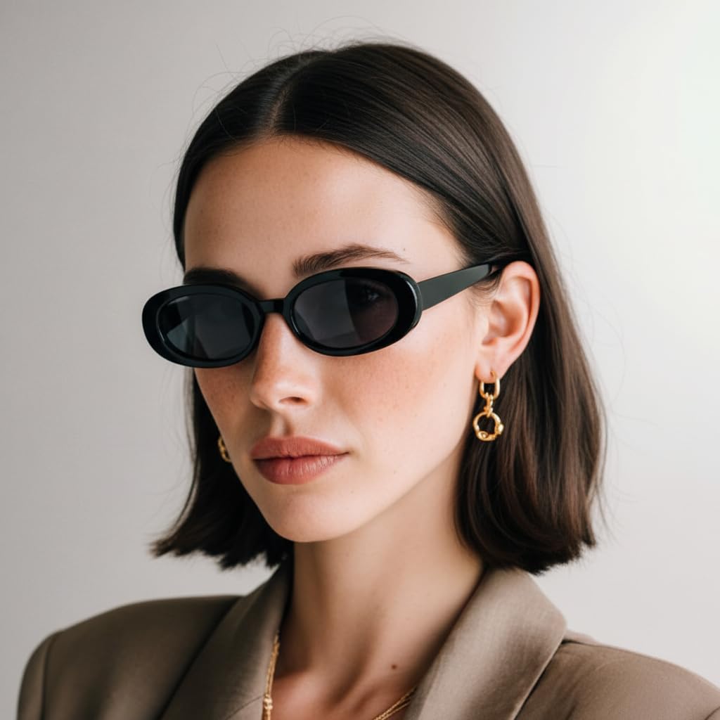 Liora Olivia - Gafas de sol ovaladas, montura delgada de acetato, tonos minimalistas retro de los años 90 para mujer, protección UV400 y funda premium