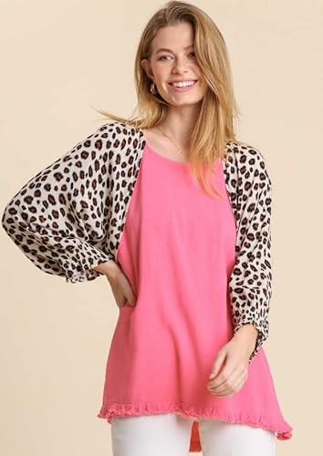 Umgee Usa Women's Leopard Sleeve Frayed Hem Tunic Top (Xl, Bubble Pink) #TOP6