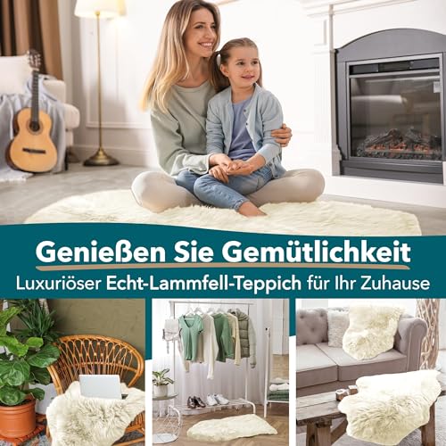 KARAT Lammfell echt - Ivory Flauschige Stuhlkissen Schaffell Deko Teppich für Wohzimmer & Kinderzimmer, Sitzauflage, Dekofell, mit Lederrücken 90x60 cm (Audrey)