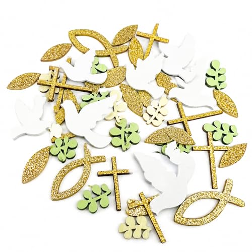 Cossaot 70 Pièces Confettis Bapteme en Bois, Baptême Confettis en Bois Forme Pigeon Sauge, Decoration Bapteme Confetti Communion Confirmation, pour Communion...