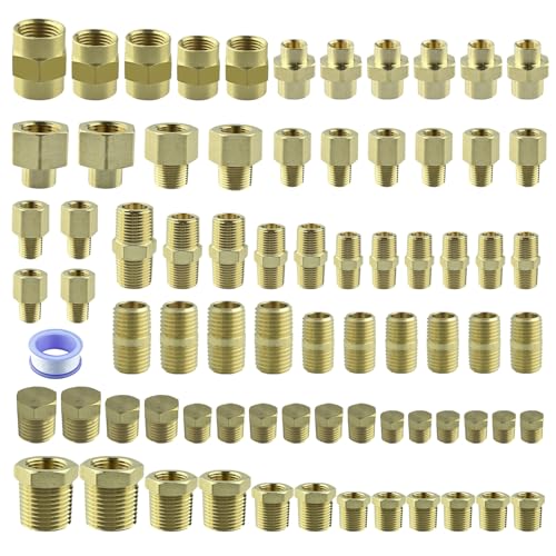 ANRIWT 78PCS Brass Pipe Fittings Assortment Kit NPT Adapter, Hex Nipple, Hex Coupling, Reducer Busing, Hex Coupling, Close Nipple, Hex Head Plug Brass Fittings Kits