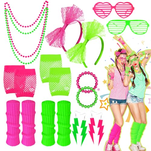 2 Sets 80s Neon Party Accessories for Women Fancy Dress for bosom friend with Lightning Earrings Necklaces Bracelets Fishnet Gloves Headband Glasses Leg Warmers Retro Parties Hen Do Parties