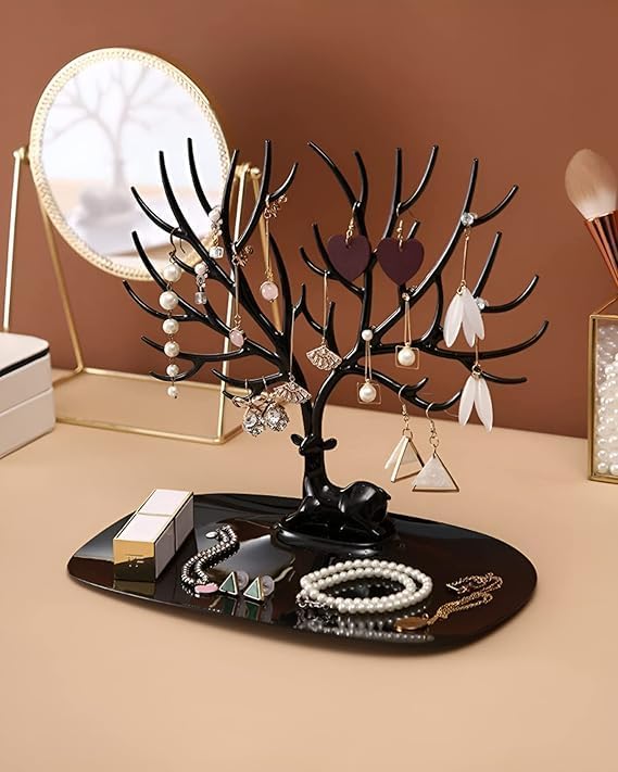 Shreeji Jewelry Organizer Tree Stand with Tray – Necklace Holder, Plastic Key Holder|Creative Sika Deer Tree Wall Mount Organizer Corner Shelf For Sunglasses|Keys|Wallet (Black)