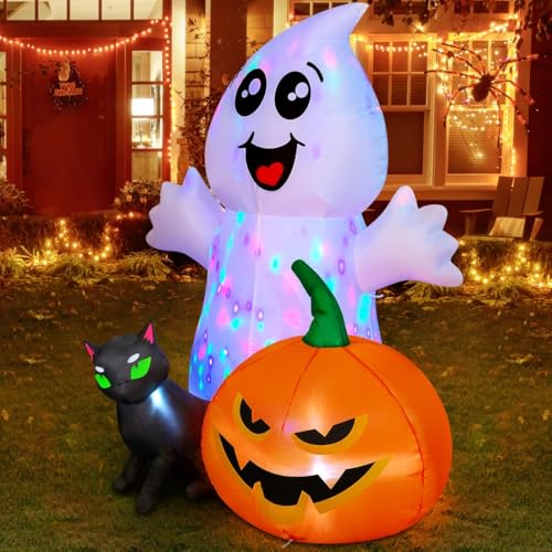 COMIN Halloween Inflatable 5FT Ghost with Black Cat and Pumpkin, Built-in LEDs Blow Up Yard Decoration for Party Outdoor Yard Garden Lawn2