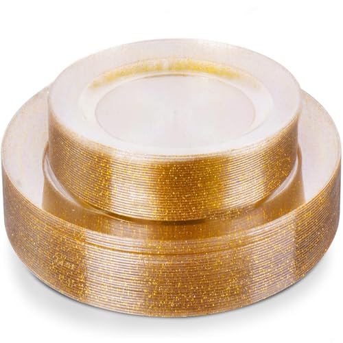 AKOLAFE 40 Pezzi Piatti Plastica Rigida Lavabili Dorati 19cm e 25,5cm Piatti di Plastica Dorati Resistenti e Riutilizzabili Plastica Rigida Trasparente per Matrimoni, Feste, Compleanni, Natale