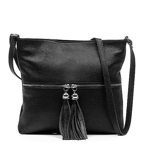 FIRENZE ARTEGIANI. Altino bolso bandolera mujer. Piel auténtica acabado Dollaro. 27x6x25 cm. Color: Negro