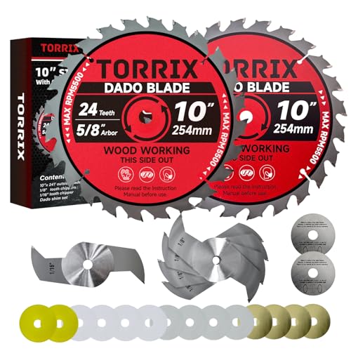 Torrix 10 Dado Blade Set Dado Blades for 10 Inch Table Saw 24-Tooth 5/8 Arbor Dado Stack for Fine Finished Dados Grooves and Rabbets 23 Pieces