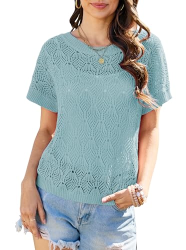 Women Crochet Sweater Cap Short Sleeve Summer Sweatwers Hollow Out See Through Knit Tops2