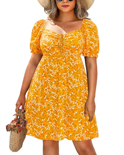 Image of Pinup Fashion Women Plus Size Casual Puff Sleeve Summer Sundress Smocked Short A Line Babydoll Cute Mini Dresses