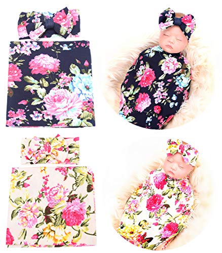 QandSweet Newborn Swaddle Blanket and Headband Unisex Baby Printing-Flower Wrap 2 Sets (Navy and Beige)
