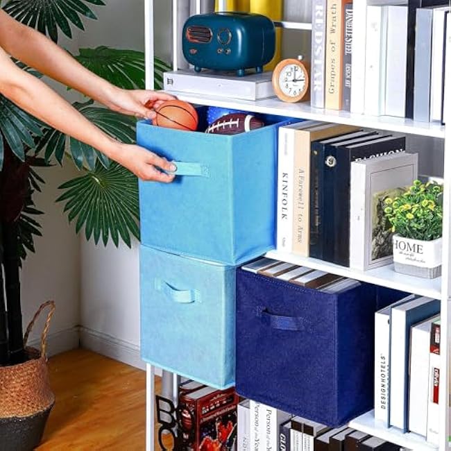 Karenhi 11 x 10. 5 x 10. 5 Blue Storage Cube, 6 Pack Fabric Cube Storage Bins Organizer Box, Collapsible Baskets with Handles Foldable Shelf for Cloth Toys Home Room Closet, Pack of 6