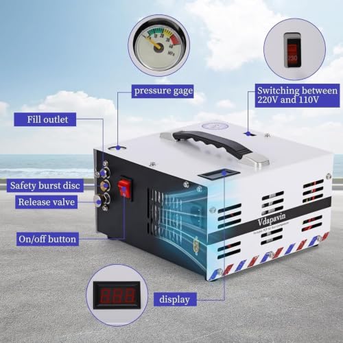 Image of 2026 ENW Portable PCP air compressor, 4500 PSI / 30 MPa, oil-free and water-free, dual power 12V DC / 110V AC, built-in filter and cooling fan, high-pressure air gun air pump, paintball tanks