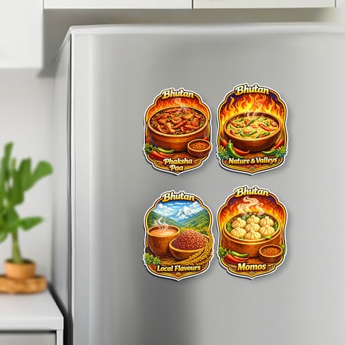 Image of Regalo Casila Bhutan Food Tourism Souvenir Fridge Magnets Set of 4 Phaksha Paa Momos Local Flavours Nature Valleys Decorative Refrigerator Magnets