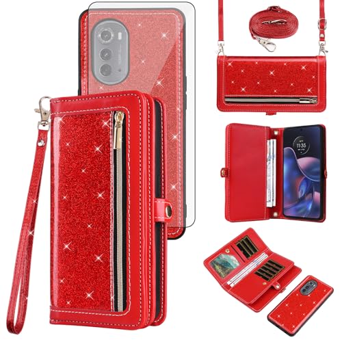 Asuwish Phone Case for Motorola Moto Edge 2022/MotoEdge 5G UW 2022 Zipper Wallet Detachable Cell Cover with Screen Protector Strap Bling Glitter Flip Card Holder Gen 3 XT2205-1 XT2205-2 6.6 Women Red