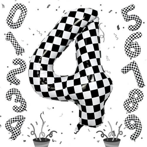 Image of Large Foil Number 4 Balloons, 40 Inch Black and White Checkered 4 Balloon for Boys, Helium Self Inflating Checkered Racing 4 Balloons for Kids Girl 4th Birthday Race Car Flag Party Decoration Supplies
