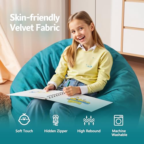 Homguava 2FT Bean Bag Chair: 2' Bean Bags with Memory Foam Filled,Comfy Beanbag Chairs Round Bean Bag Sofa with Dutch Velvet Cover-Sea Blue