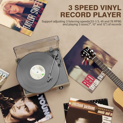 Image of Bluetooth Vinyl Record Player,3-Speed Turntable with Stereo Speakers Vintage Phonograph Record Player, with RCA Line Out AUX in Headphone Jack Grey Wood