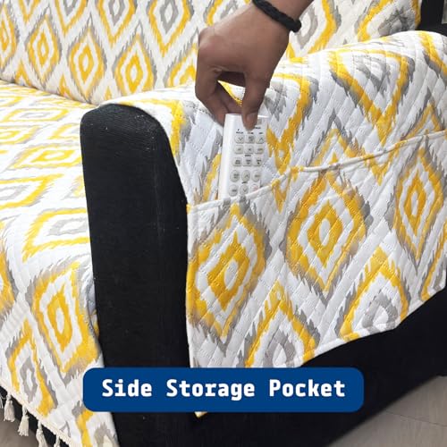 Image of House of Quirk IKATRA Series Quilted Printed Sofa Cover for Indian Sofa Set with Side Pocket - Premium Washable, Anti-Slip, Durable & Ultra Soft Fabric Protector (Sunburst, One Seater)