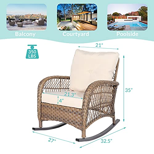 Meetwarm Outdoor Wicker Patio Rocking Chair Cushioned Rattan Rocker Chair For Porch, Deck, Poolside With Steel Frame, Weather-Resistant Beige Cushions, Set Of 2 #TOP2