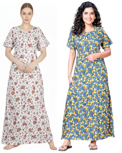Image of Keyocean Women's Cotton Printed Maxi Nighty, Full Length Night Gown for Women, Comfortable Night Gown and Sleepwear, Free Size, Pack of 2