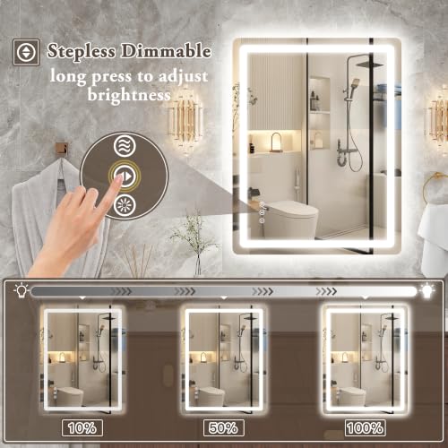 Image of 28 inch x 36 inch Led Bathroom Mirror with Lights, Anti-Fog & Tri-Color Lighting - Wall Mounted Shaving Mirror with Touch Sensor, Waterproof & Smart LED Vanity Mirror,Tempered Glass, Dimmable Smart Mirror