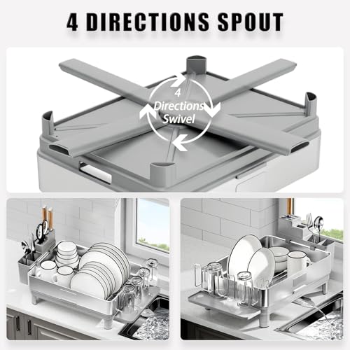 Image of Ewaiira Dish Drying Rack, 304 Stainless Steel Dish Racks for Kitchen Counter, Dish Drainers with Automatic Drainage, Utensil Holder & Cups Holder, Space Saving Kitchen Organizer, Gray