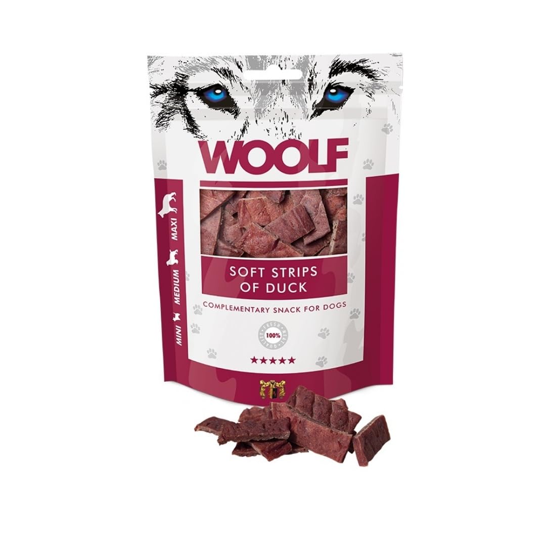 WOOLF Soft Strips of Duck - Complementary Snacks for Dogs. Dog Treats with All-Natural Ingredients and High Meat Content, Free from Artificial Additives. Suitable for Dogs (100g)