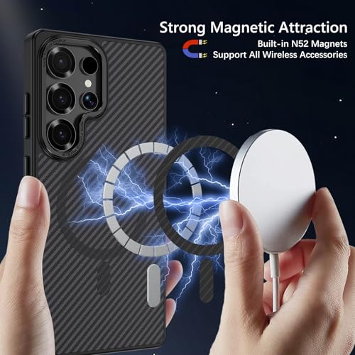 Image of BENTOBEN Carbon Fiber Back Cover Case for Samsung Galaxy S25 Ultra, Compatible with Mag-Safe, Slim Flexible Shockproof Anti-Scratch Anti-Slip Bumper Protection, TPU+Polycarbonate, Black