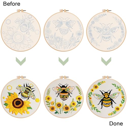 Image of Nuberlic 3 Pack Embroidery Kit for Beginner Adults, Cross Stitch Set with Cute Bee Patterns, Includes Cloth, Hoops, Threads, Needles, Instructions