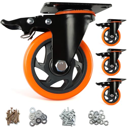 4 Inch Caster Wheels 4 Pack - Heavy Duty Swivel Casters with Brakes, 360° Silent Roller Wheels for Furniture, Cart, Dolly, Cabinet, Toolbox, PU Rubber Wheels By MangoPark