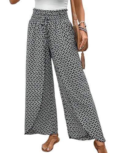 Mansy Women Casual High Waist Split Wide Leg Pants Summer Floral Long Palazzo Pants Lounge Beach Trousers