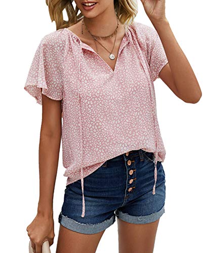 Mansy Women's Casual Floral Print V Neck Ruffle Short Sleeve Summer Shirts Tops Loose Blouses #TOP3