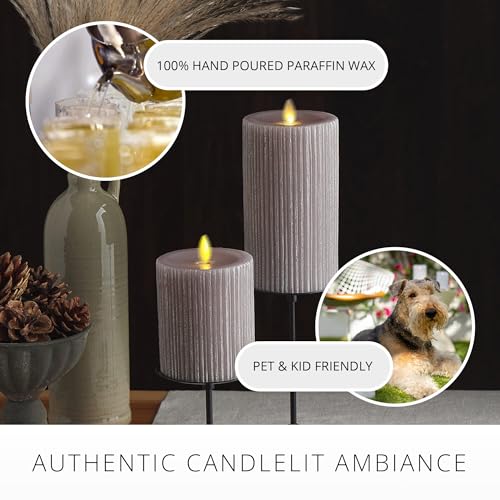 Image of Luminara Metallic Embossed Pillar, Grey Flameless LED Candle 3.25 inch x 4.5 inch, Battery Operated Real Flame Technology w /Timer Function, Paraffin Wax