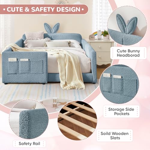 Image of Full Size Kids Bed with Rabbit Ear Headboard, Upholstered Boucle Fabric Full Daybed with Slats Support & Side Pockets, Space-Saving Wooden Corner Sofa Couch Bed Frame for Girls, Boys, Teenager(Blue)