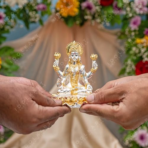 Image of Idolkart Pure Gold and Silver Coated Lakshmi Devi Idol - Beautiful and Detailed Laxmi Murti Ideal for Pooja - Divine Laxmi Idol Symbolizing Prosperity and Wealth - Sitting Lakshmi Devi Idol (3 inch)