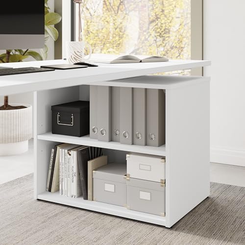 Image of Bush Business Furniture 72-inch Electric Height Adjustable Standing Desk with Bookcase, Ergonomic Sit-Stand Computer Table for Office, Stratus Collection, White with White Base