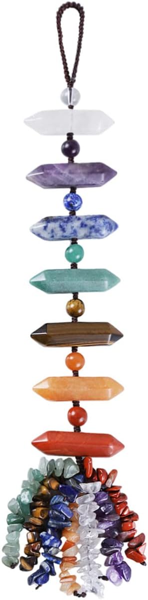 Nupuyai 7 Chakra Double Crystal Points Healing Stone Hanging Ornament, Energy Crystals Tassel Spiritual Ornament for Car Home Office Decor with Gift Box, 26-28cm