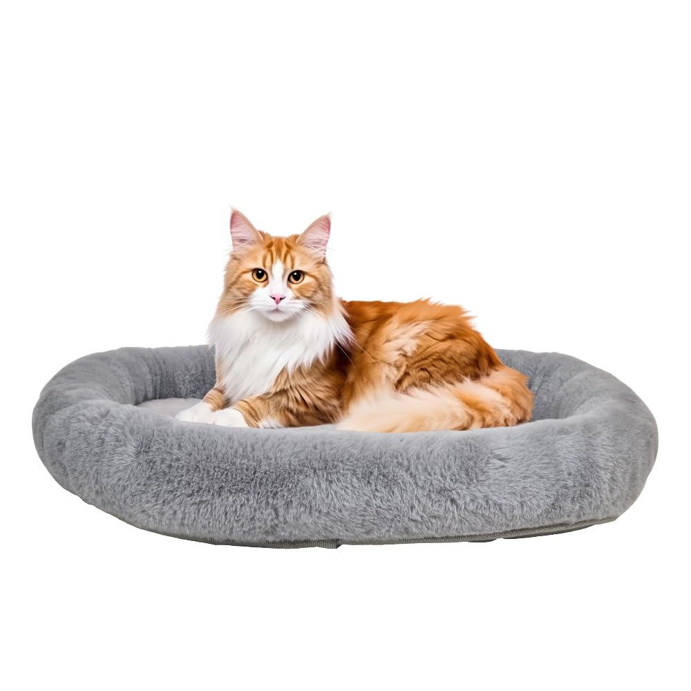 KAKEI Pet cushion pet bed small round donut shaped, Ultra-soft plush oval cat bed, Skid-resistant bottom, and machine washable, for dog and cat 47 cm L(Grey)