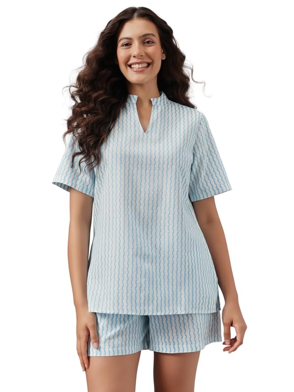 clovia Women's Cotton Kurta Style Top & Shorts Night Suit Set- Blue-picture-42