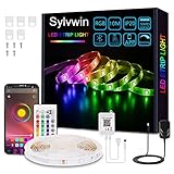 sylvwin Tiras LED 12m,Tiras de Luces LED 12m RGB con Sincronización Musical,Aplicación Bluetooth y 24 Botones Control Remoto para Sala de Estar/Cocina,Decoración de Dormitorio,Fiesta, Bar,TV