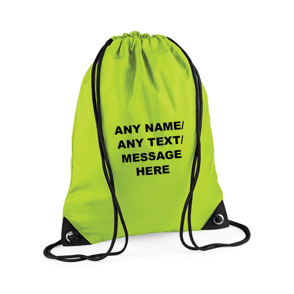 Getagift Personalised with your Own Any Name/Message/Text Premium Drawstring Bag, PE Gym Kit School, Swimming, Birthday/Secret Santa, PE Kids Sport Rucksack. (Lime Green)
