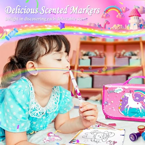 Image of weirtoya 56 PCS Washable Scented Markers with Glitter Pencil Case, Mermaid Unicorn Arts and Crafts for kids 4-6-8 Kids Coloring Drawing Kits for 4-8 Years Old Girls (Pink, 56)