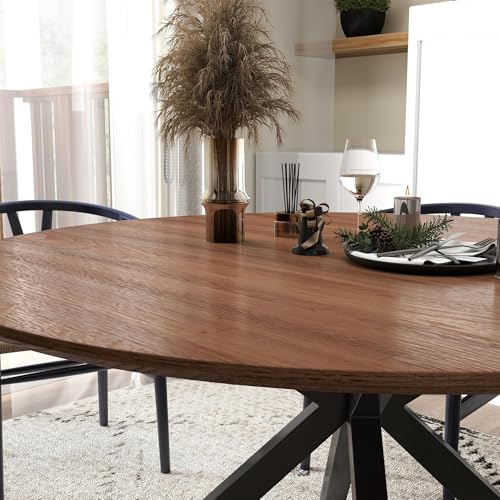 LUCKYERMORE 53" Round Dining Table for 4-6, Mid-Century Modern Dining Room Table with Metal Cross Legs, Large Wood Leisure Circle Coffee Table for Kitchen, Office, Living Room, Walnut, Easy-Assembly