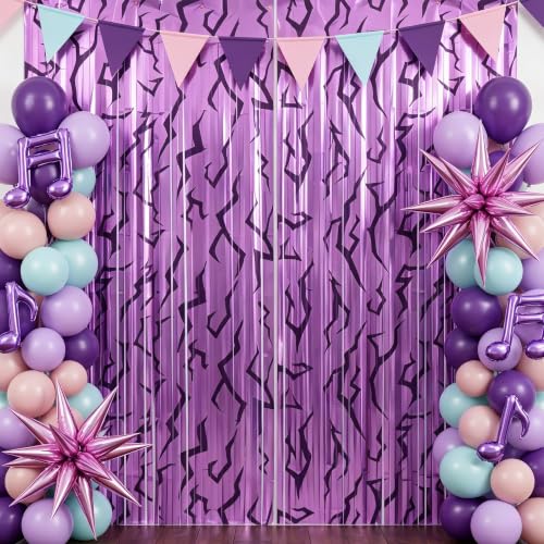 Image of TONIFUL 2Pcs Purple Lightning Bolt Print Metallic Foil Fringe Curtains | 3.3ftx6.6ft Photo Booth Backdrop Door Streamer for Baby Shower Bachelorette Rock Music Themed Birthday Party Decorations